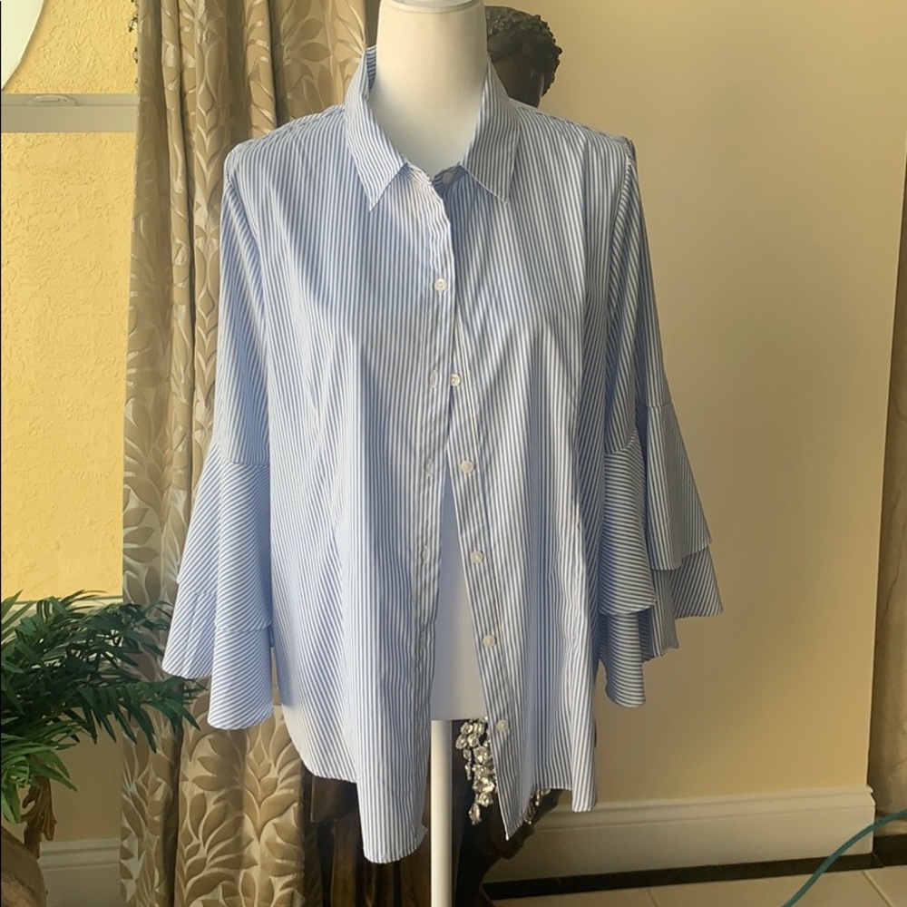 Blue and white striped top with flair sleeves